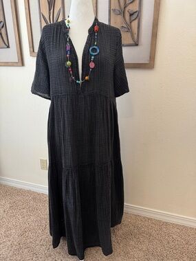 Anthropologie L Black Waffle Textured Maxi Dress Bathing Suit Cover Lounge Wear
